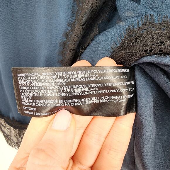 Keepsake The Label Mini Dress M Satin Lace Trim Long Flare Sleeve Blue Black - Picture 12 of 15